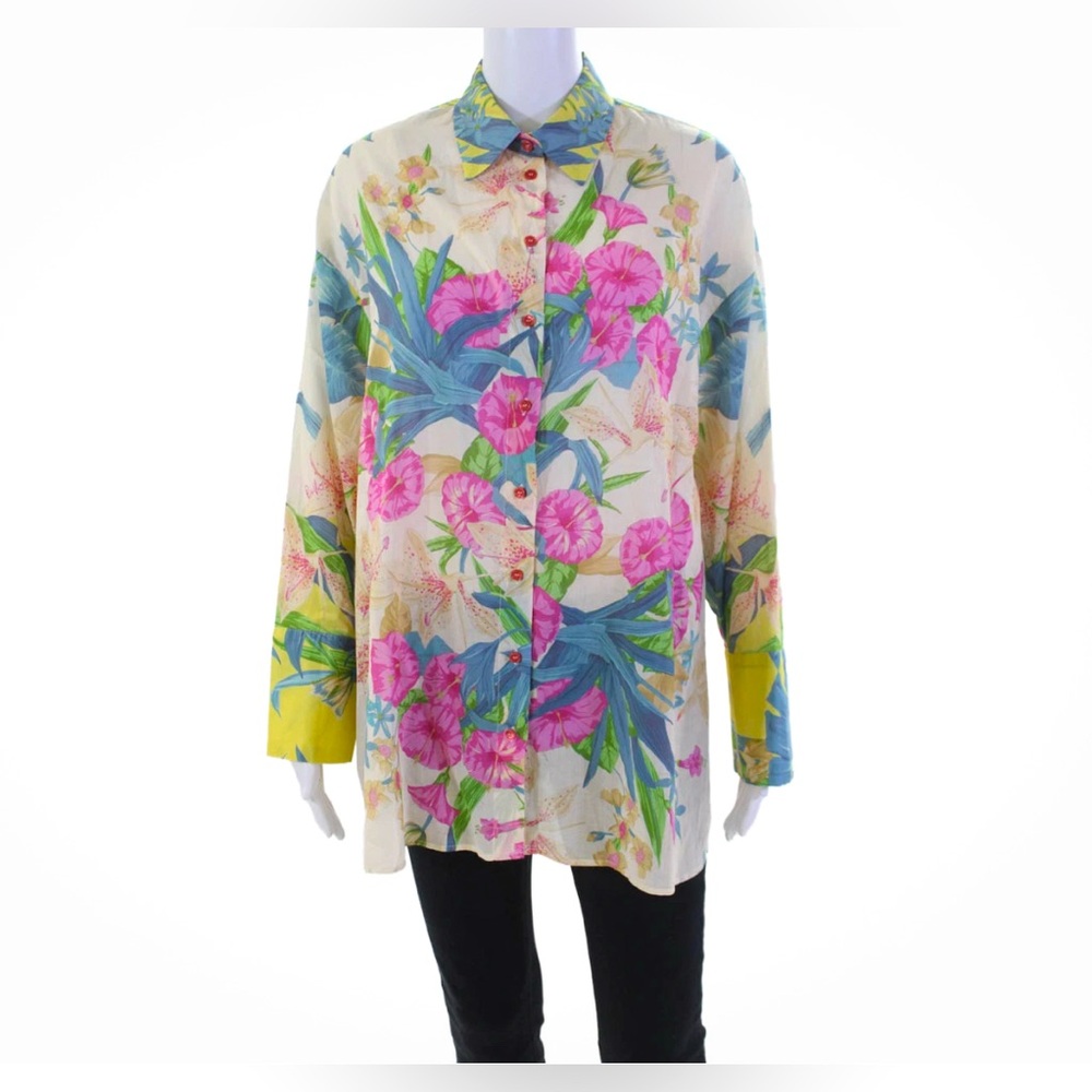 Pinko Womens Cream Pink Long Sleeve Button Up Floral Blouse Size M